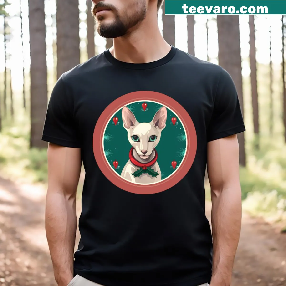 Christmas t-shirt featuring an Oriental Shorthair cat and ornament design — on a men's t-shirt