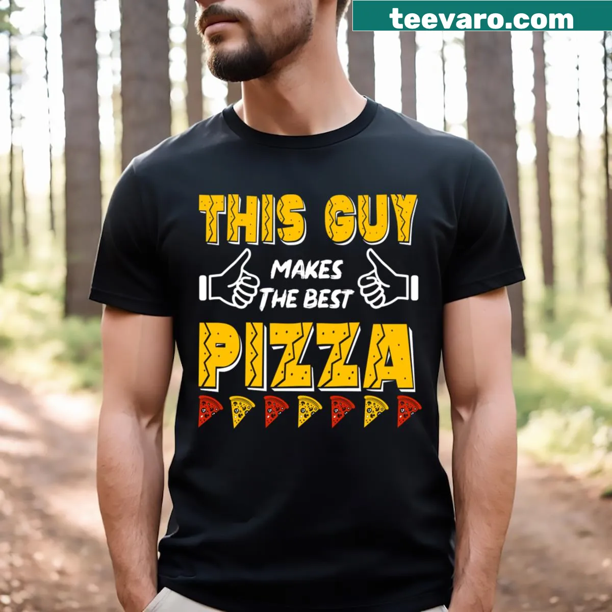 Cartoon T-shirt featuring a pizza chef design — on a men's t-shirt