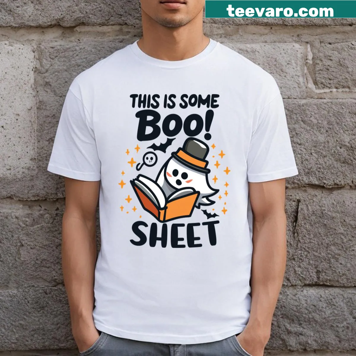 Halloween tee with the phrase 'This Is Boo Sheet' and pumpkins — on a men's t-shirt