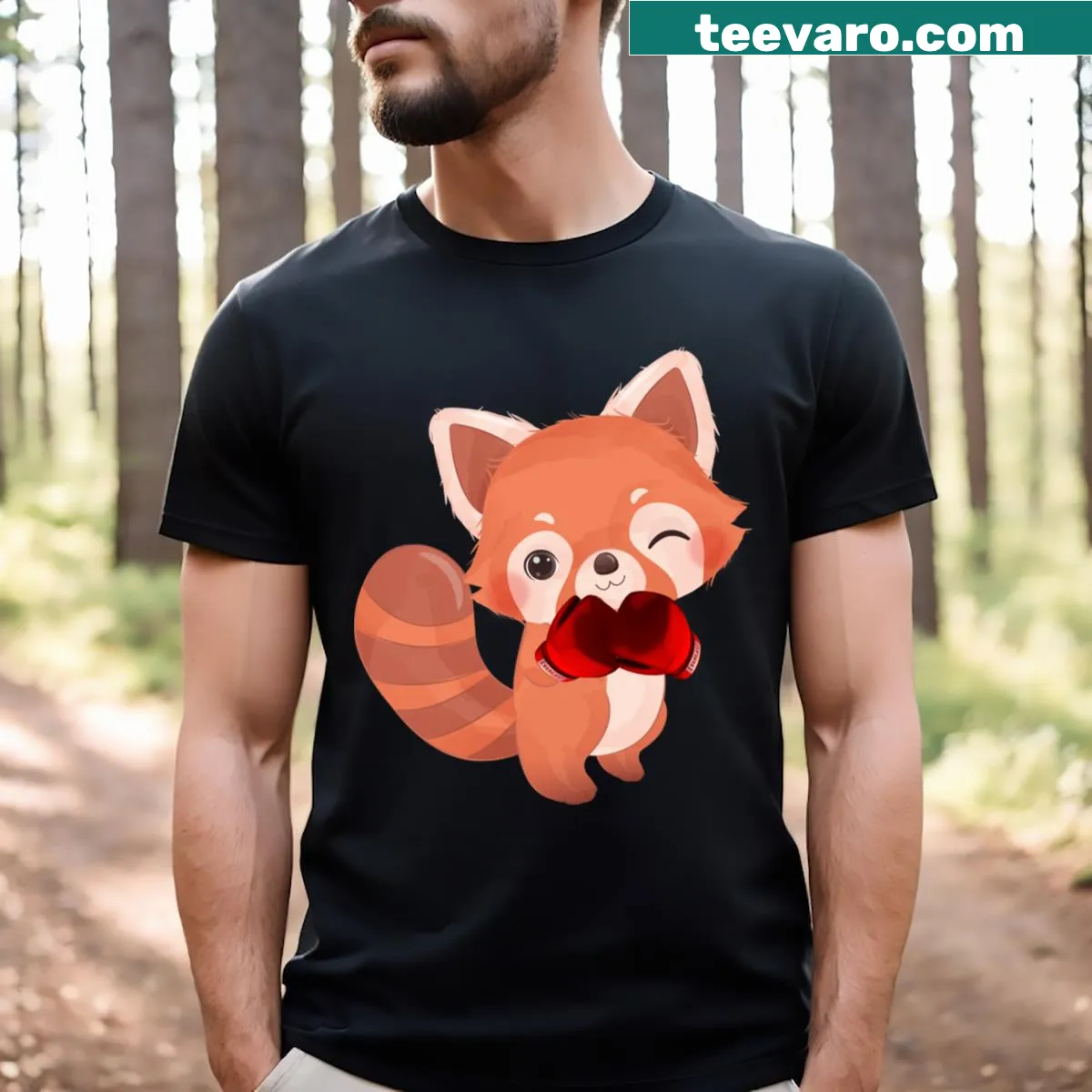 Cartoon red panda boxing graphic on a humorous T-shirt — on a men's t-shirt