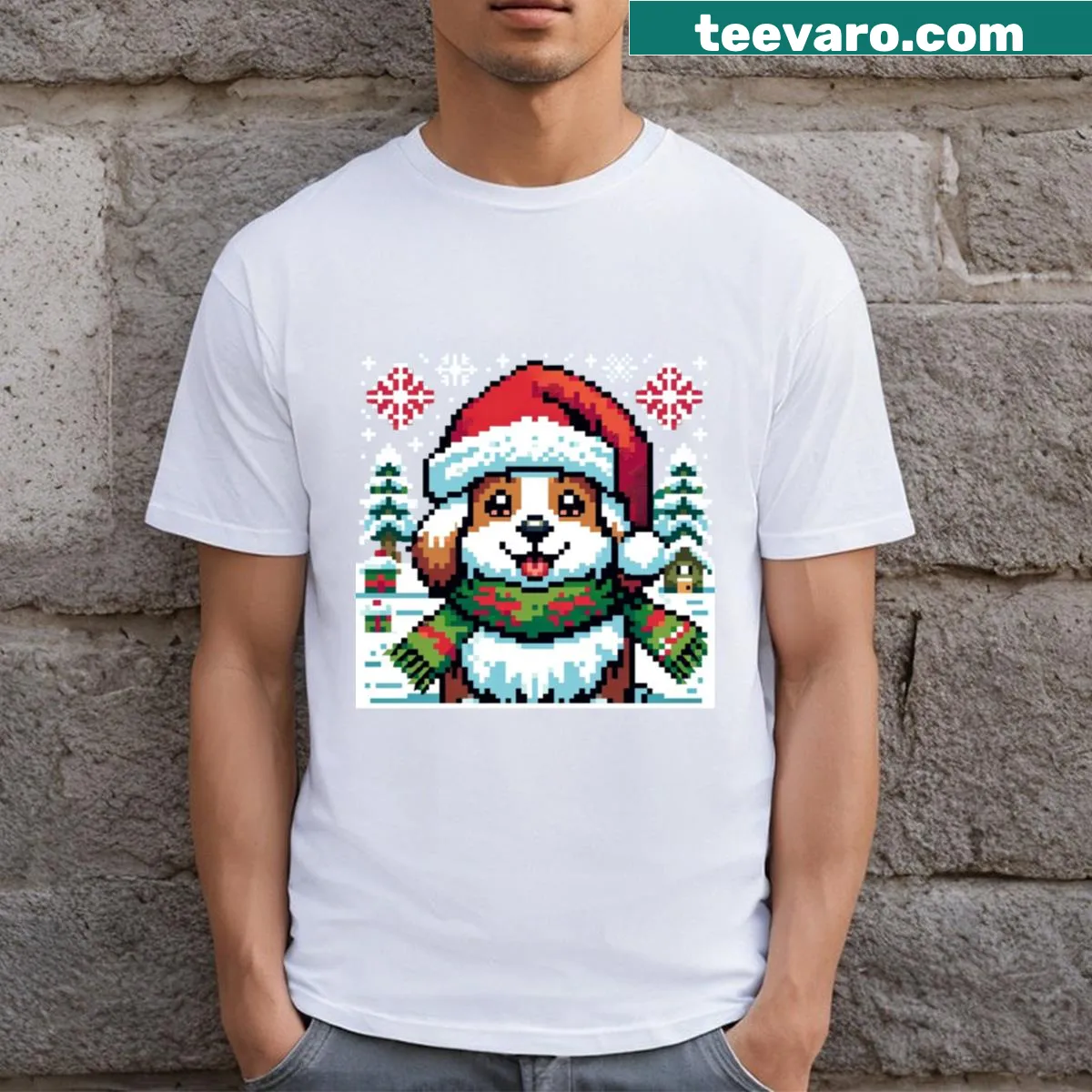 Pixelated dog graphic in a Christmas setting on a T-shirt — on a men's t-shirt