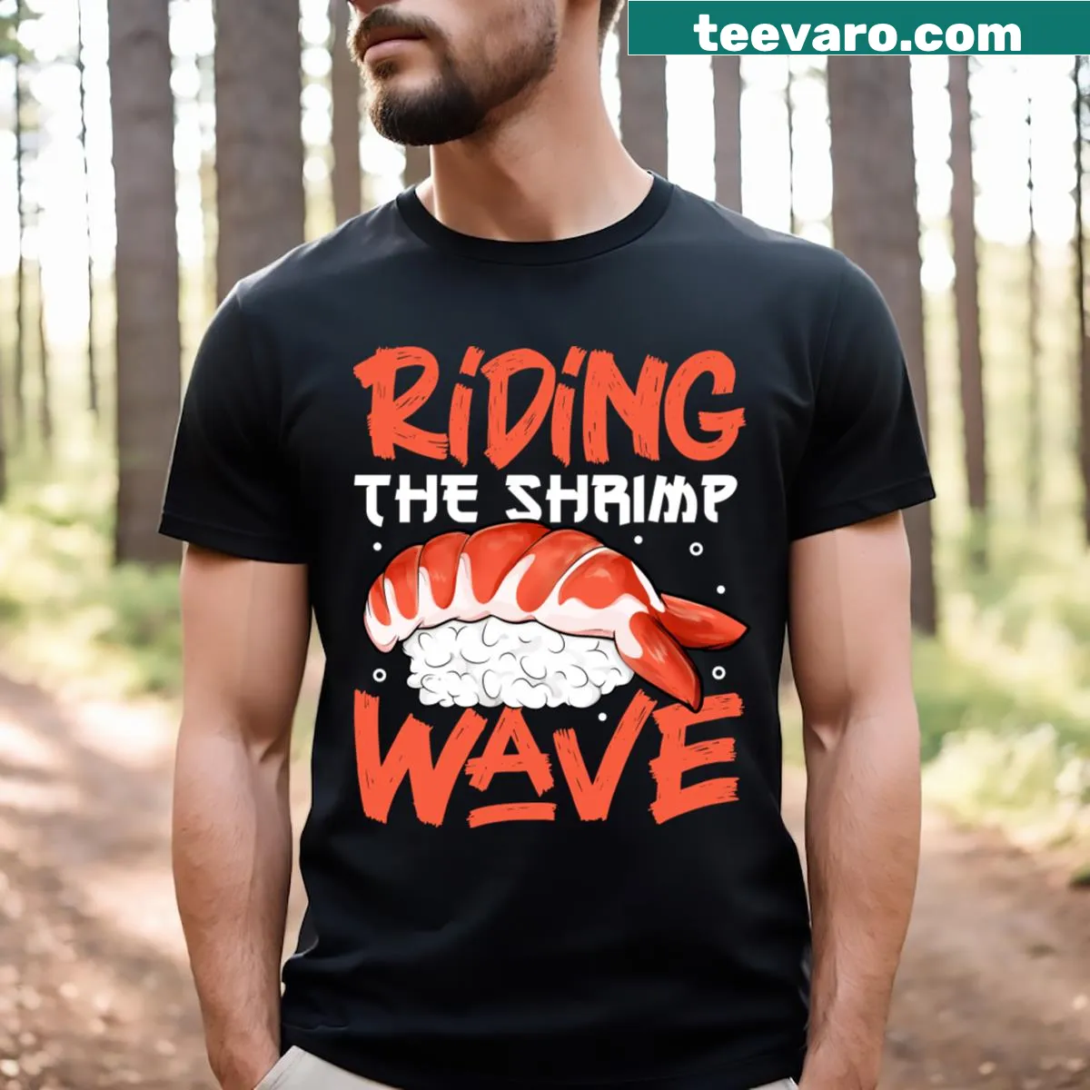 Cartoon shrimp surfing on sushi wave graphic on T-shirt — on a men's t-shirt
