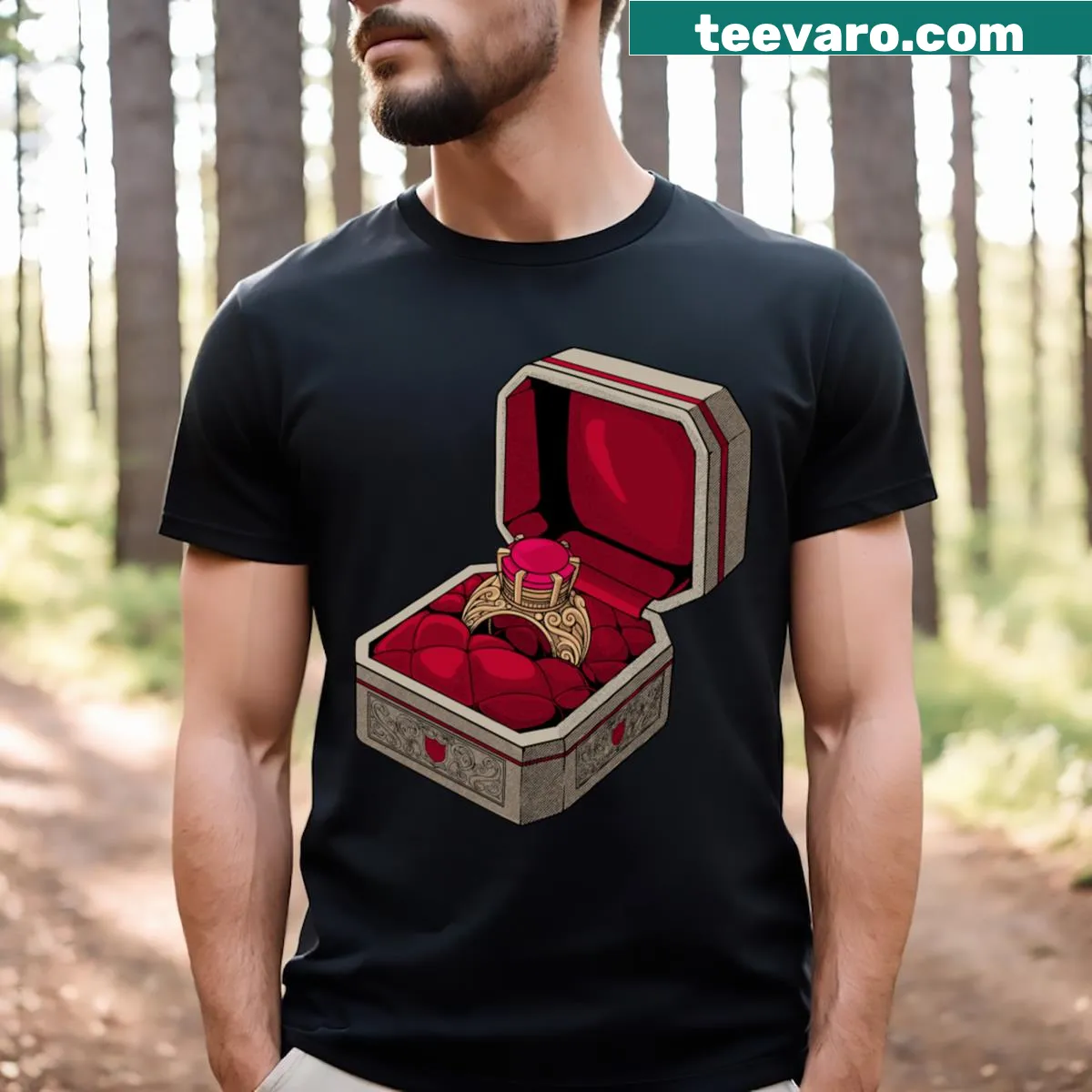 Ornate ring graphic on a royal-themed T-shirt. — on a men's t-shirt