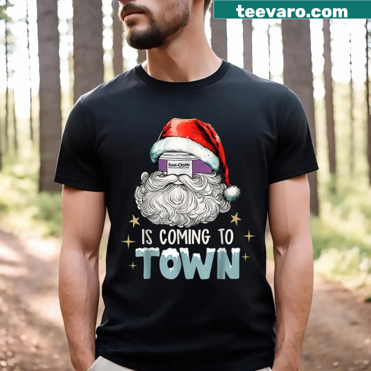 Illustration of a humorous nurse-themed Christmas T-shirt with Sani Cloth design — on a men's t-shirt