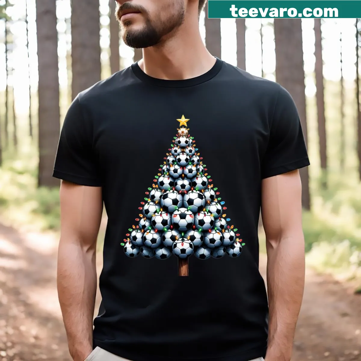 Christmas tree design with soccer elements on a T-shirt. — on a men's t-shirt