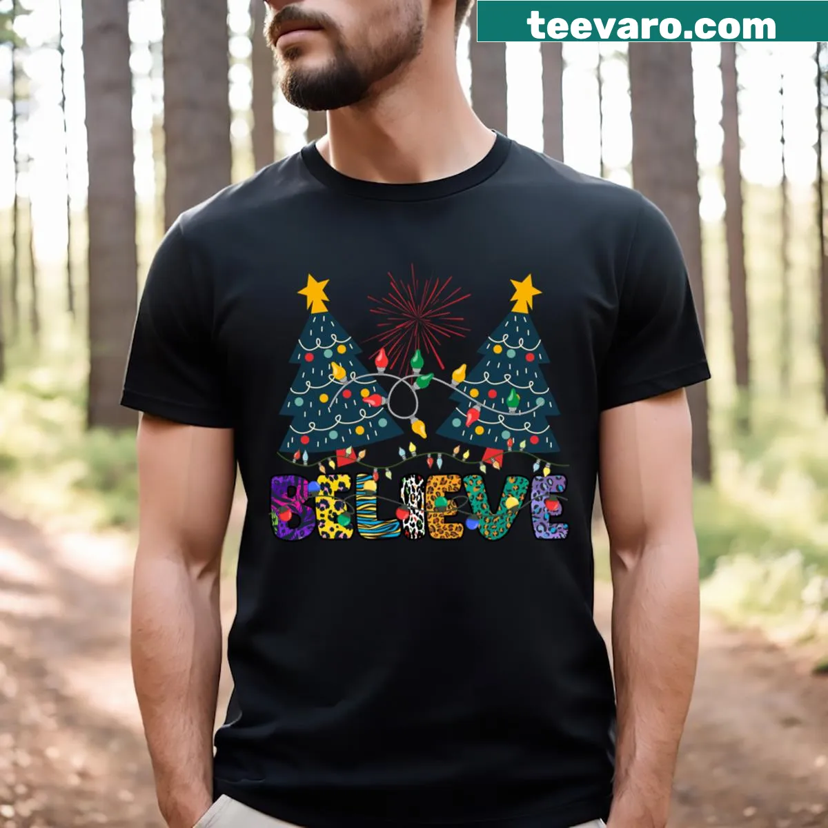 Santa costume-themed Christmas pullover T-shirt with 'Believe' text — on a men's t-shirt