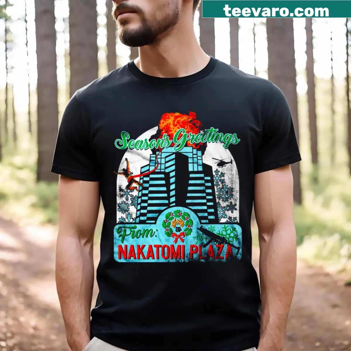 Festive illustration of Nakatomi Plaza on a holiday t-shirt — on a men's t-shirt