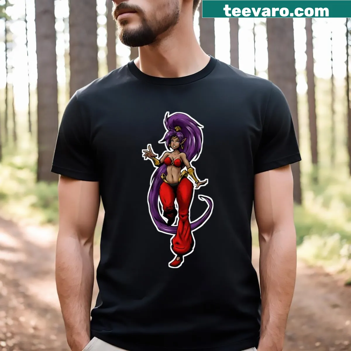 Fan art T-shirt featuring characters from the Shantae game — on a men's t-shirt