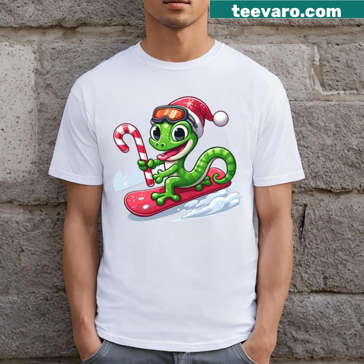 Snowboarding gecko illustration on a festive T-shirt — on a men's t-shirt