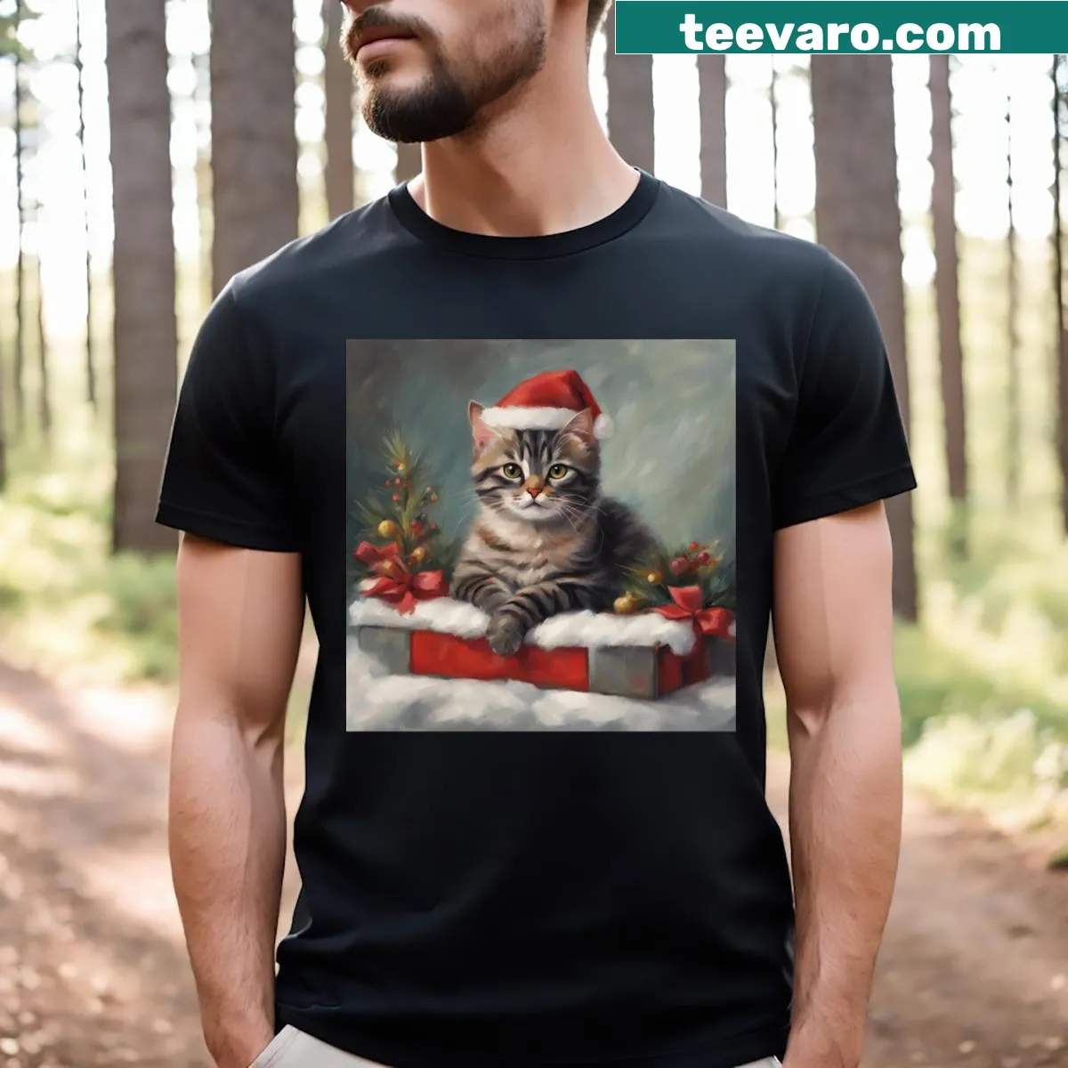 Watercolor cat design for Christmas on a t-shirt — on a men's t-shirt