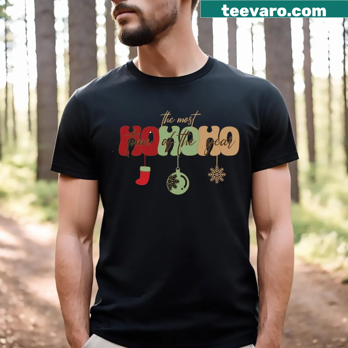 Humorous groovy Christmas T-shirt with festive design — on a men's t-shirt