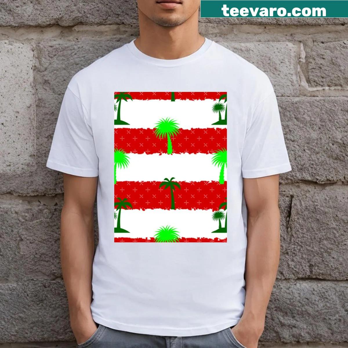 Tropical-themed T-shirt with palm trees and stripes for Christmas — on a men's t-shirt