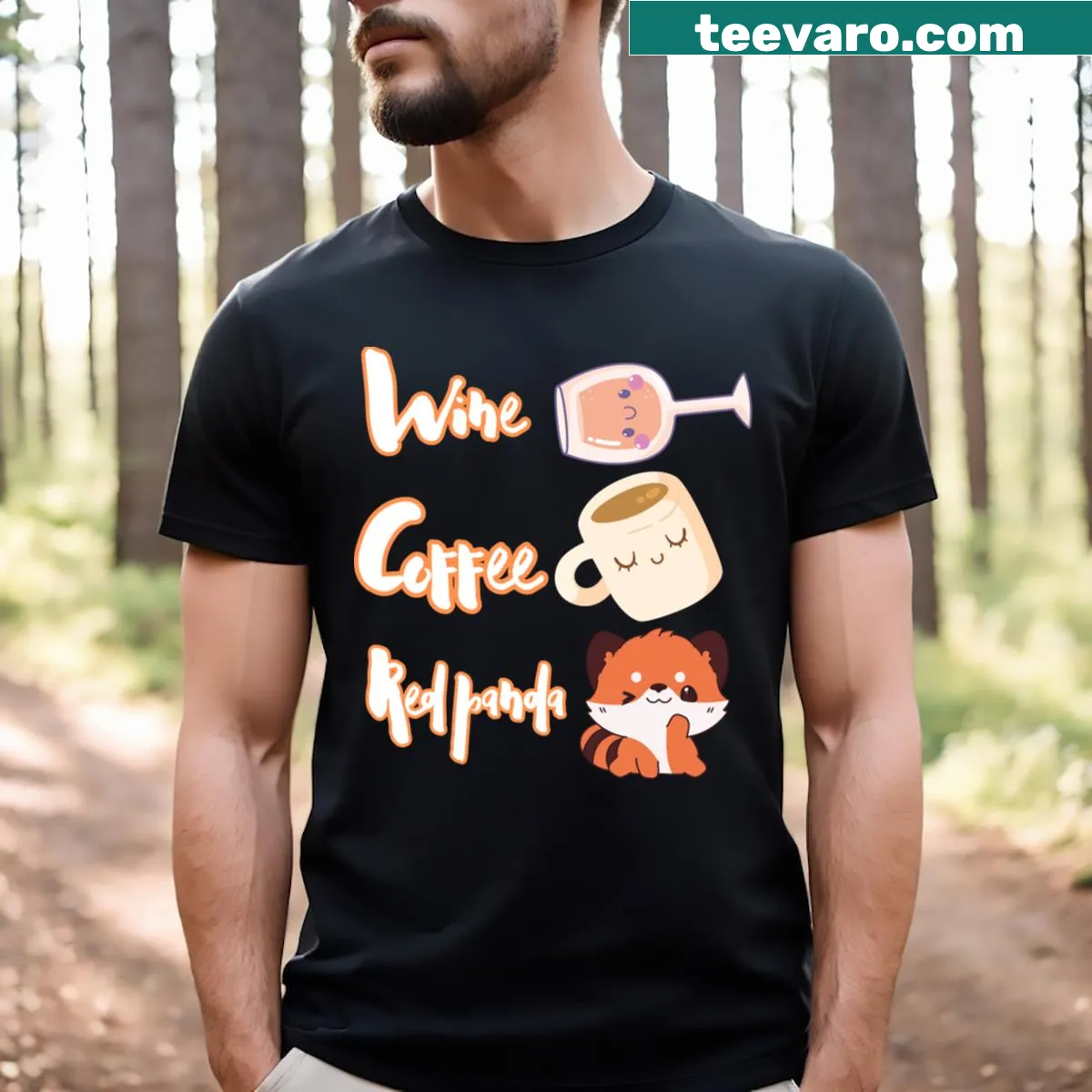 Funny t-shirt with red panda illustration and wine-coffee theme — on a men's t-shirt