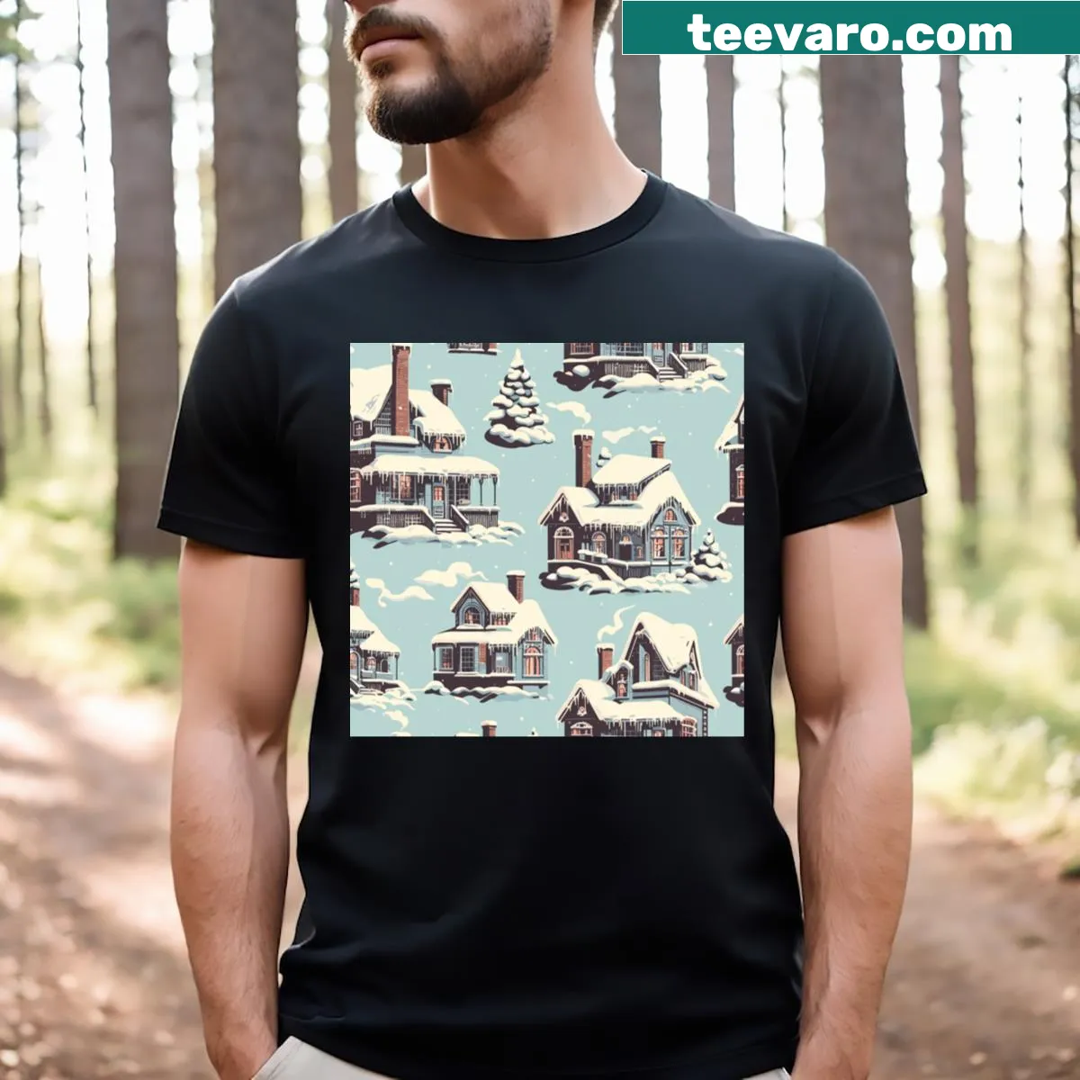 T-shirt featuring a cozy winter houses pattern — on a men's t-shirt