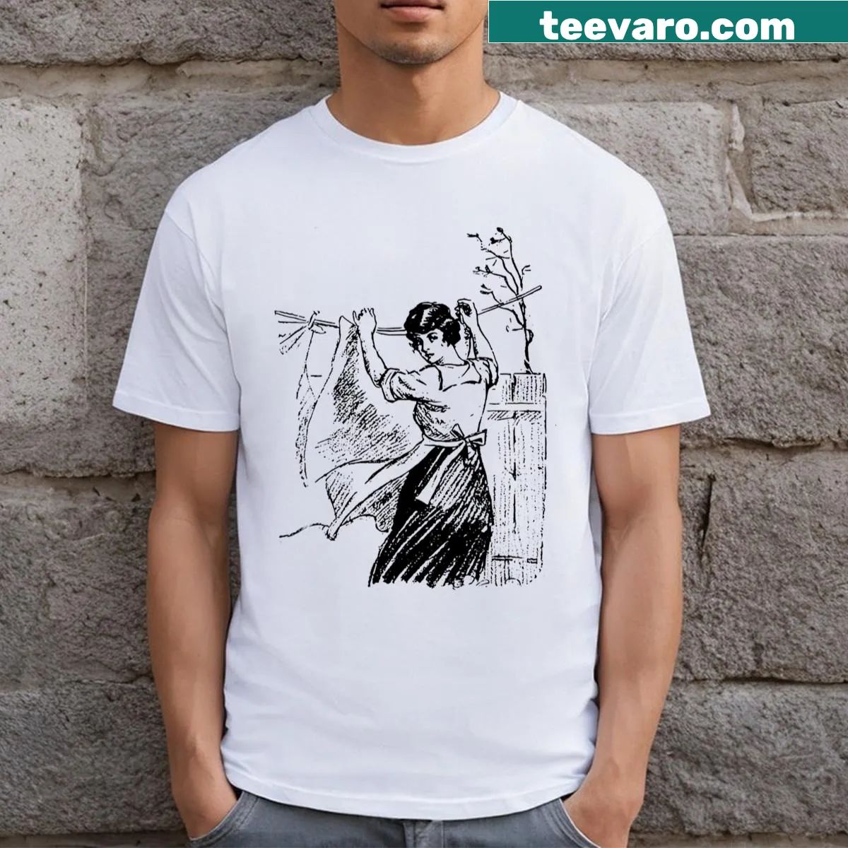 Vintage design of a woman hanging laundry on a clothing line — on a men's t-shirt