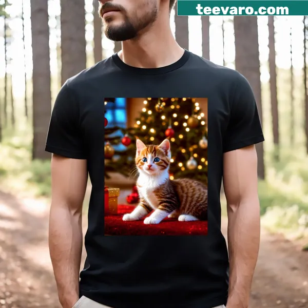 Cute Christmas T-shirt with kitten waiting by presents