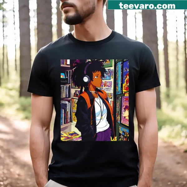 Retro cartoon T-shirt featuring anime black girl with lofi music