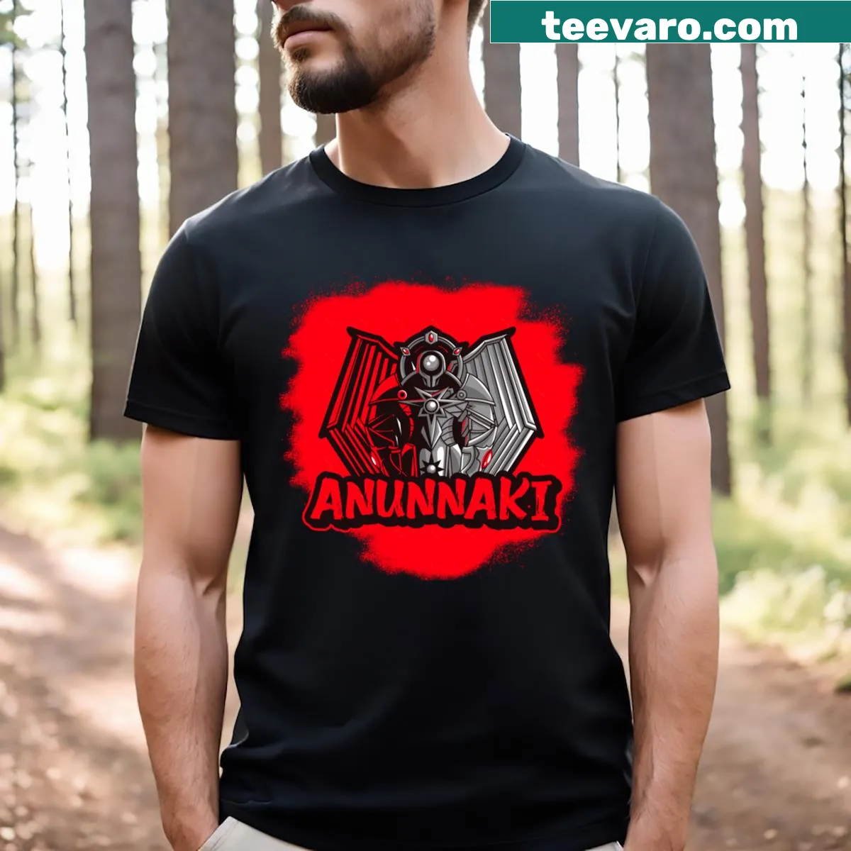Bold graphic T-shirt featuring Anunnaki-inspired design and symbols — on a men's t-shirt