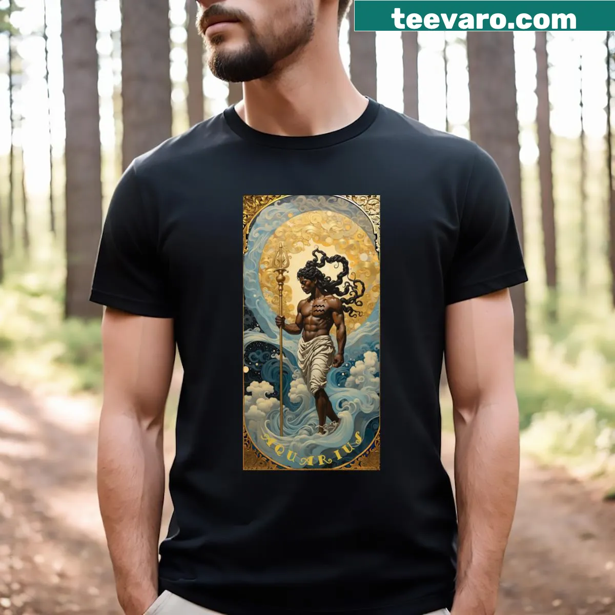 Playful Aquarius T-shirt with whimsical astrological design — on a men's t-shirt