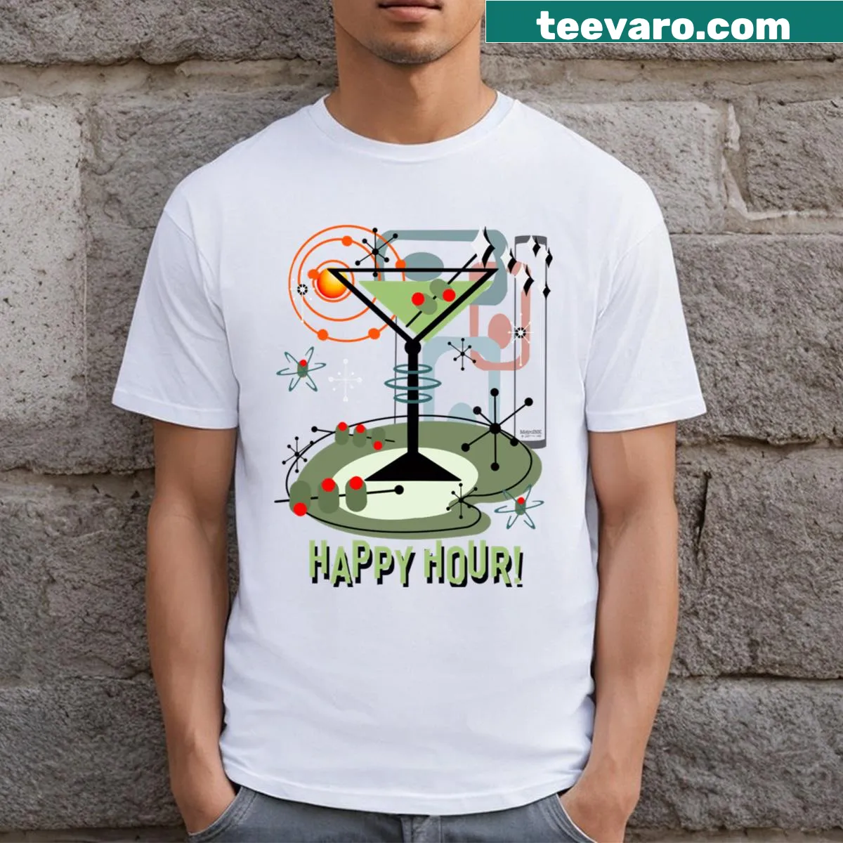 Cartoon martini glass design on a shirt celebrating happy hour. — on a men's t-shirt