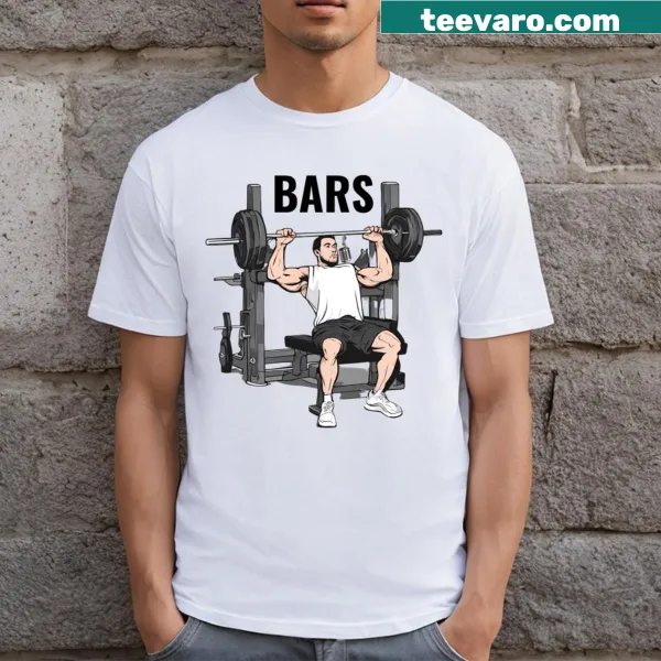 Funny gym T-shirt featuring a clever 'Bars' saying
