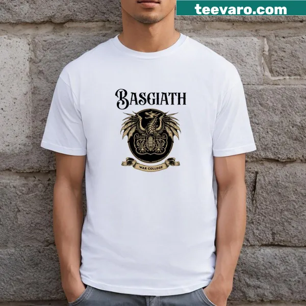 Emblem of Basgiath War College on a fantasy-themed t-shirt.