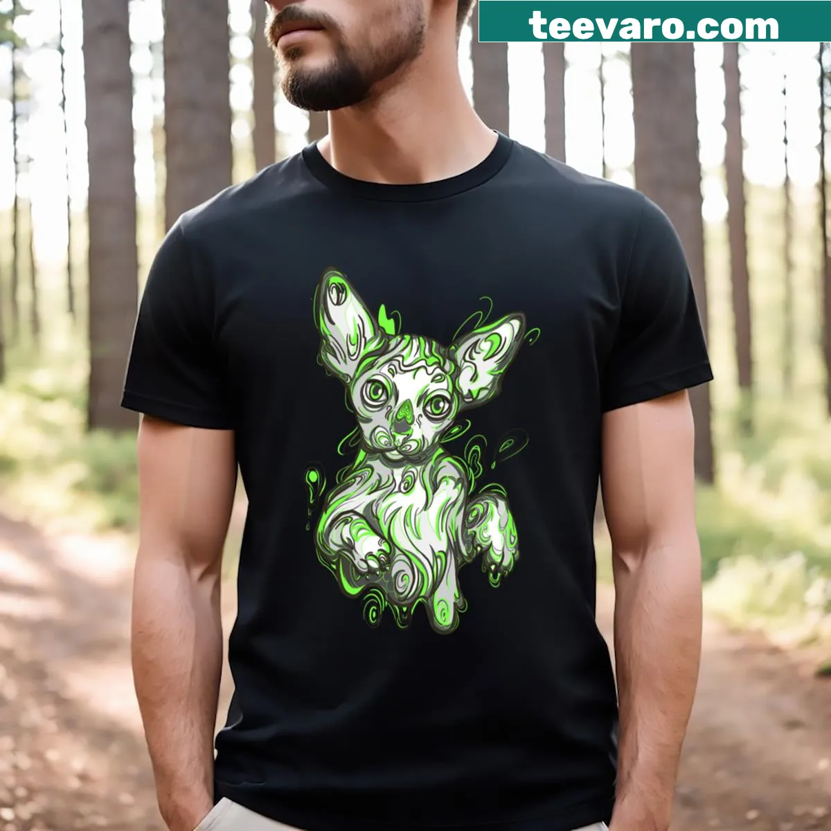 T-shirt depicting a beautifully illustrated Black Sphynx cat — on a men's t-shirt