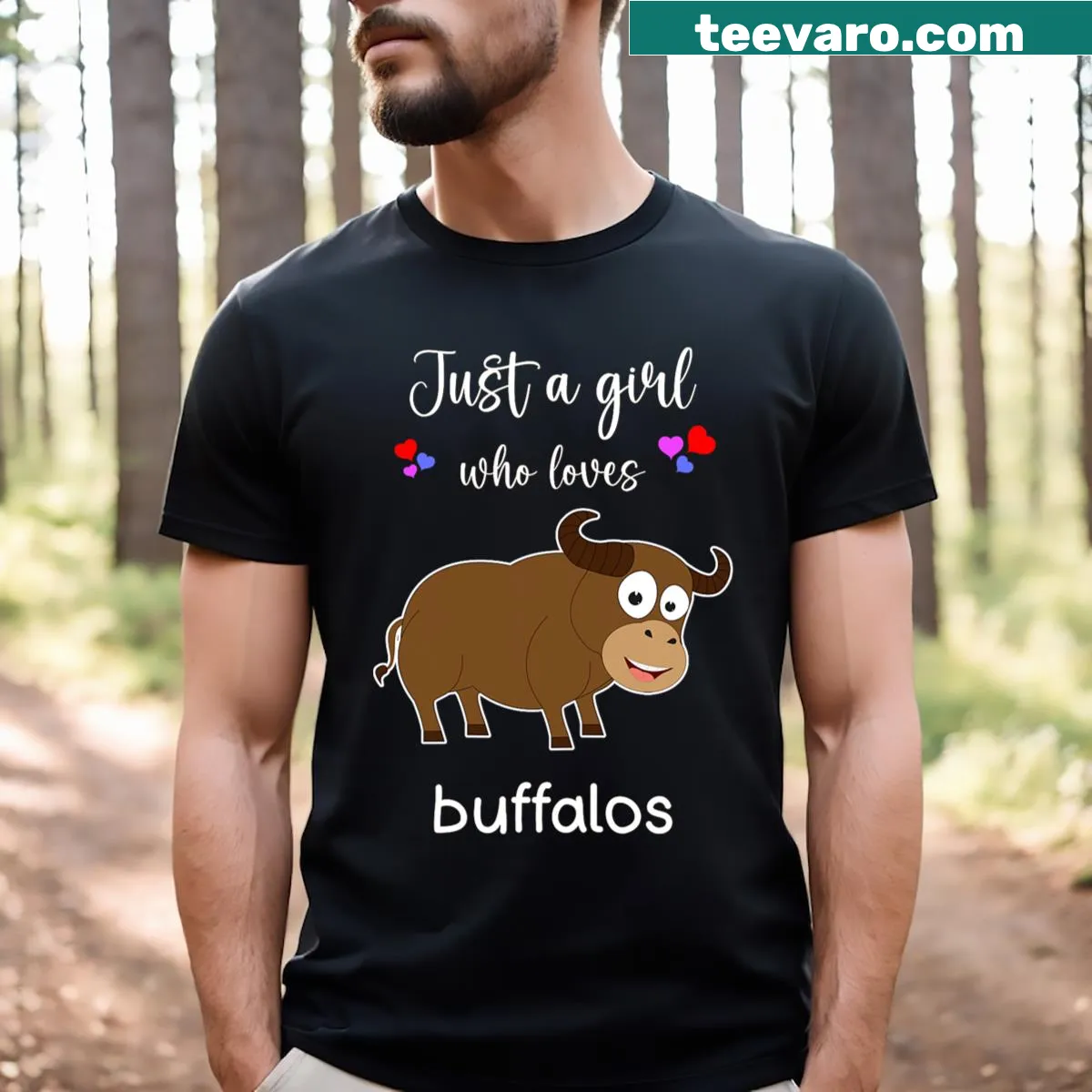 Cartoon buffalo t-shirt with funny design and text for buffalo lovers — on a men's t-shirt