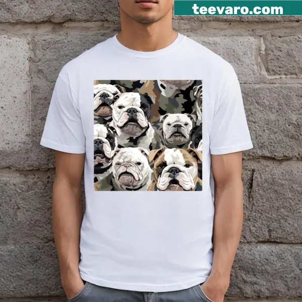 Cartoon T-shirt featuring a bulldog in a camouflage pattern