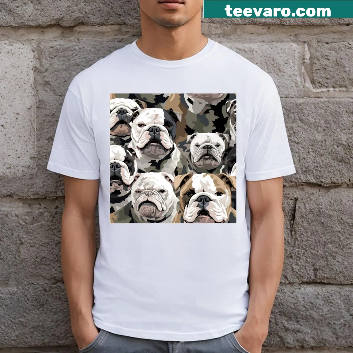 Cartoon T-shirt featuring a bulldog in a camouflage pattern — on a men's t-shirt