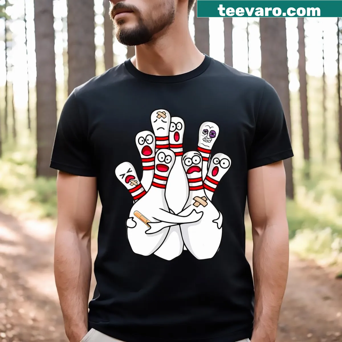Humorous cartoon bowling pins graphic on a T-shirt — on a men's t-shirt