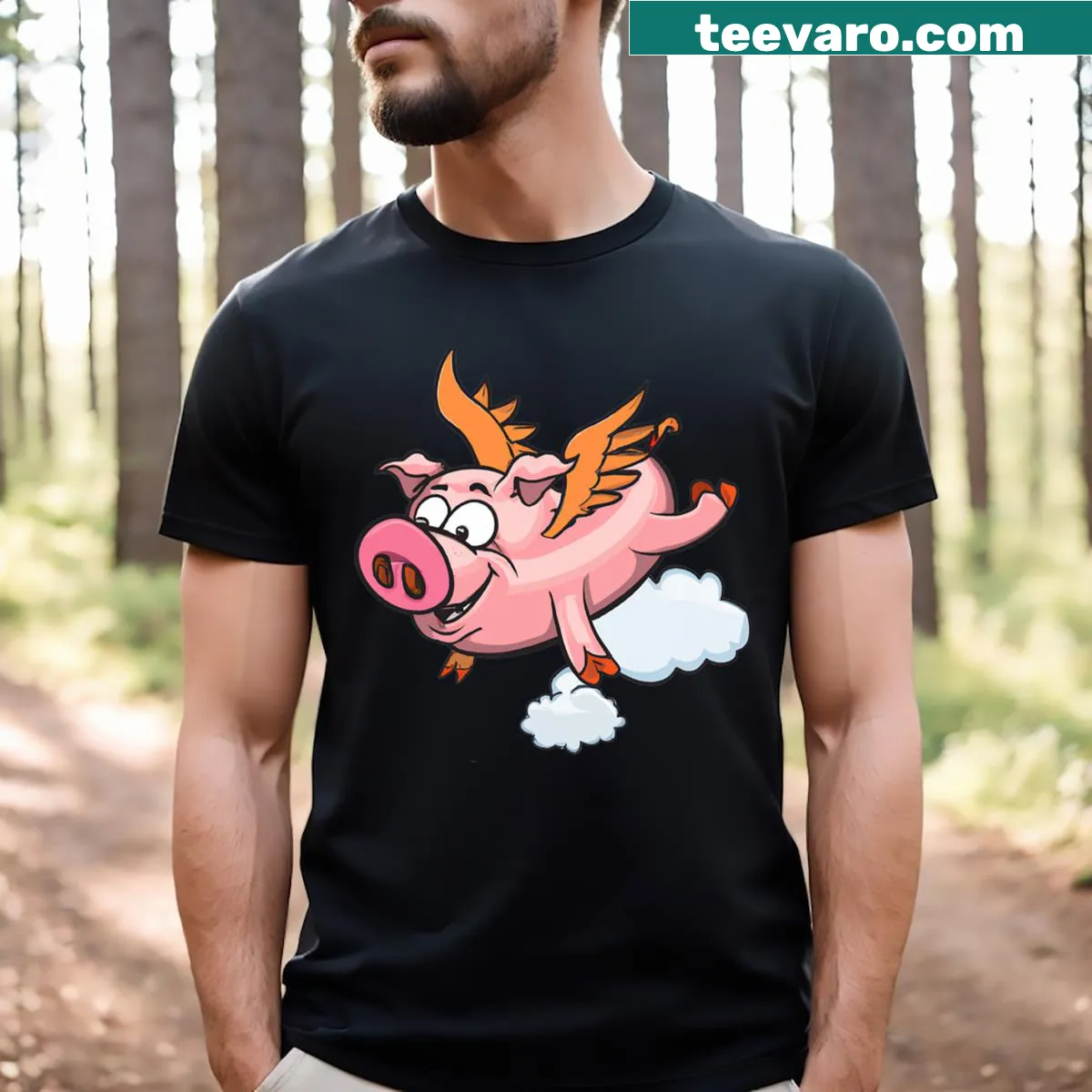 Cartoon t-shirt featuring a flying pig design — on a men's t-shirt