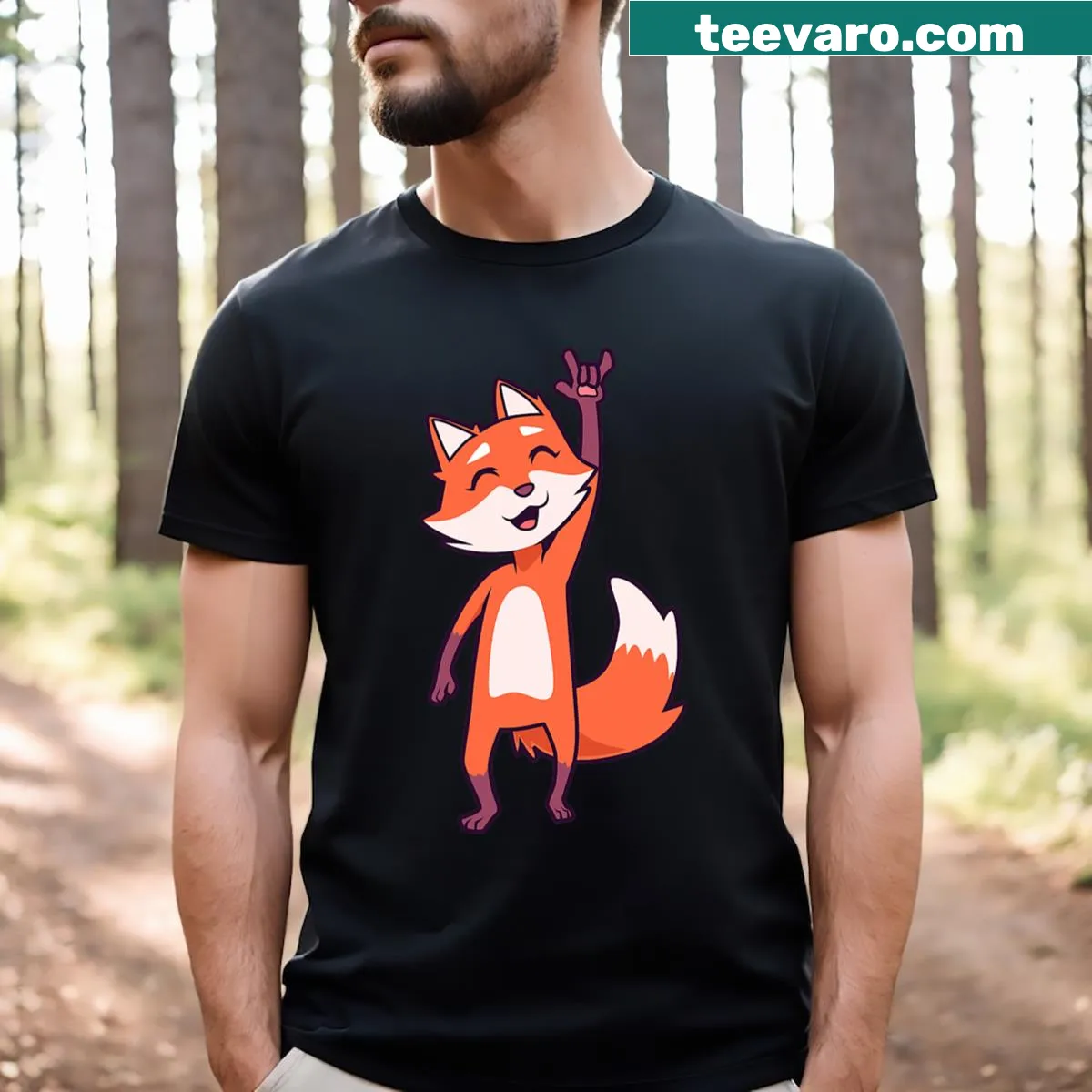 Cartoon fox t-shirt showing 'I love you' ASL gesture — on a men's t-shirt