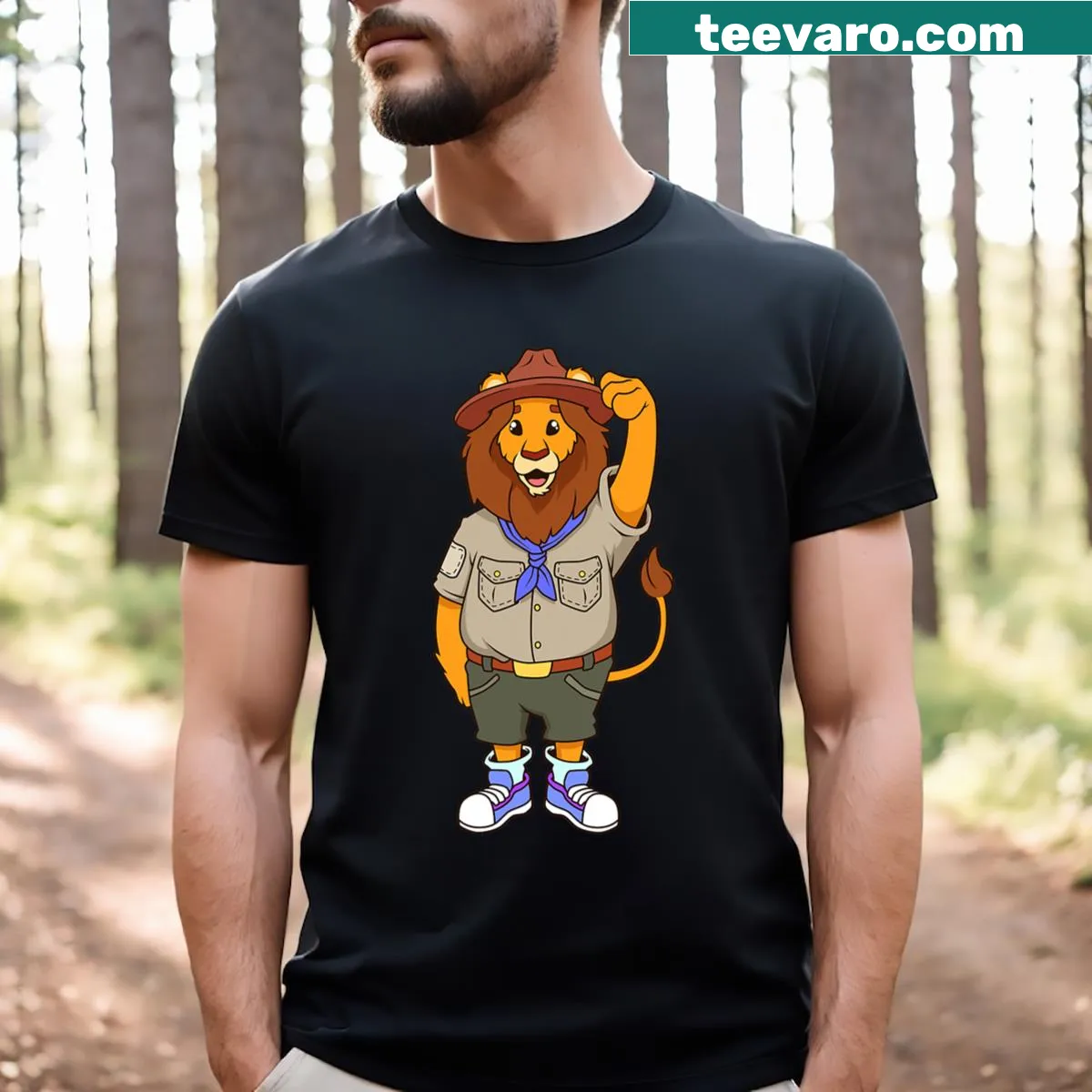 Cartoon lion in scout uniform graphic — on a men's t-shirt