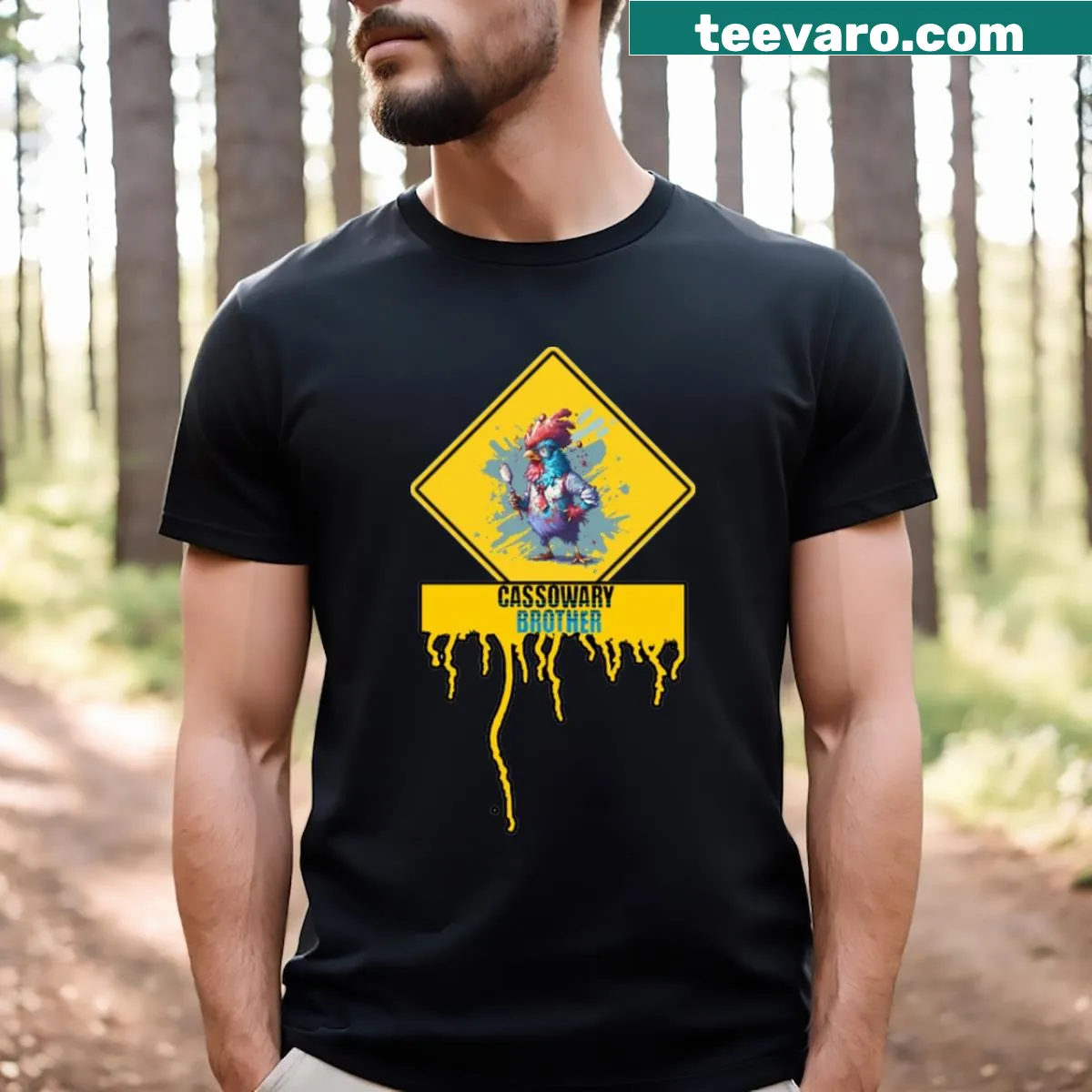 T-shirt featuring an illustrated cassowary family with parent and chicks — on a men's t-shirt