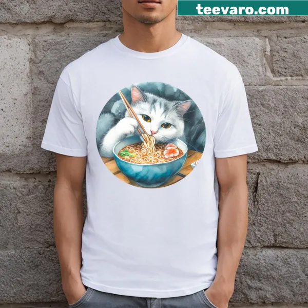Cute cartoon cat enjoying a bowl of ramen on a T-shirt