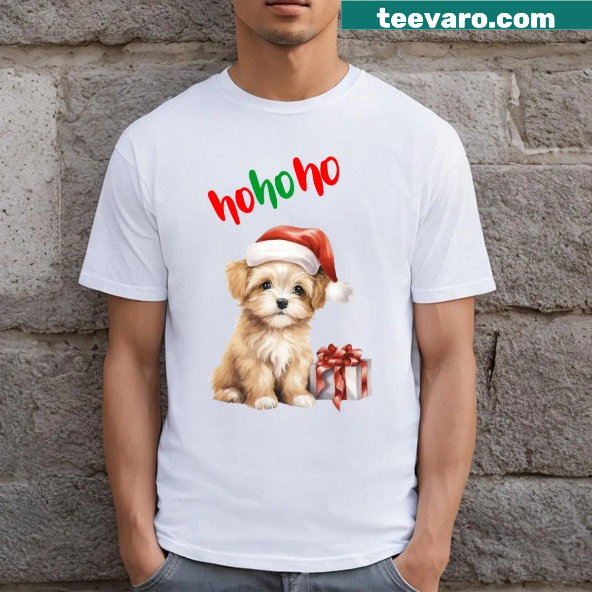Watercolor Christmas t-shirt featuring a joyful dog — on a men's t-shirt