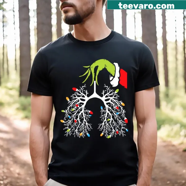 Funny Christmas t-shirt for nurses featuring lung and Xmas lights design