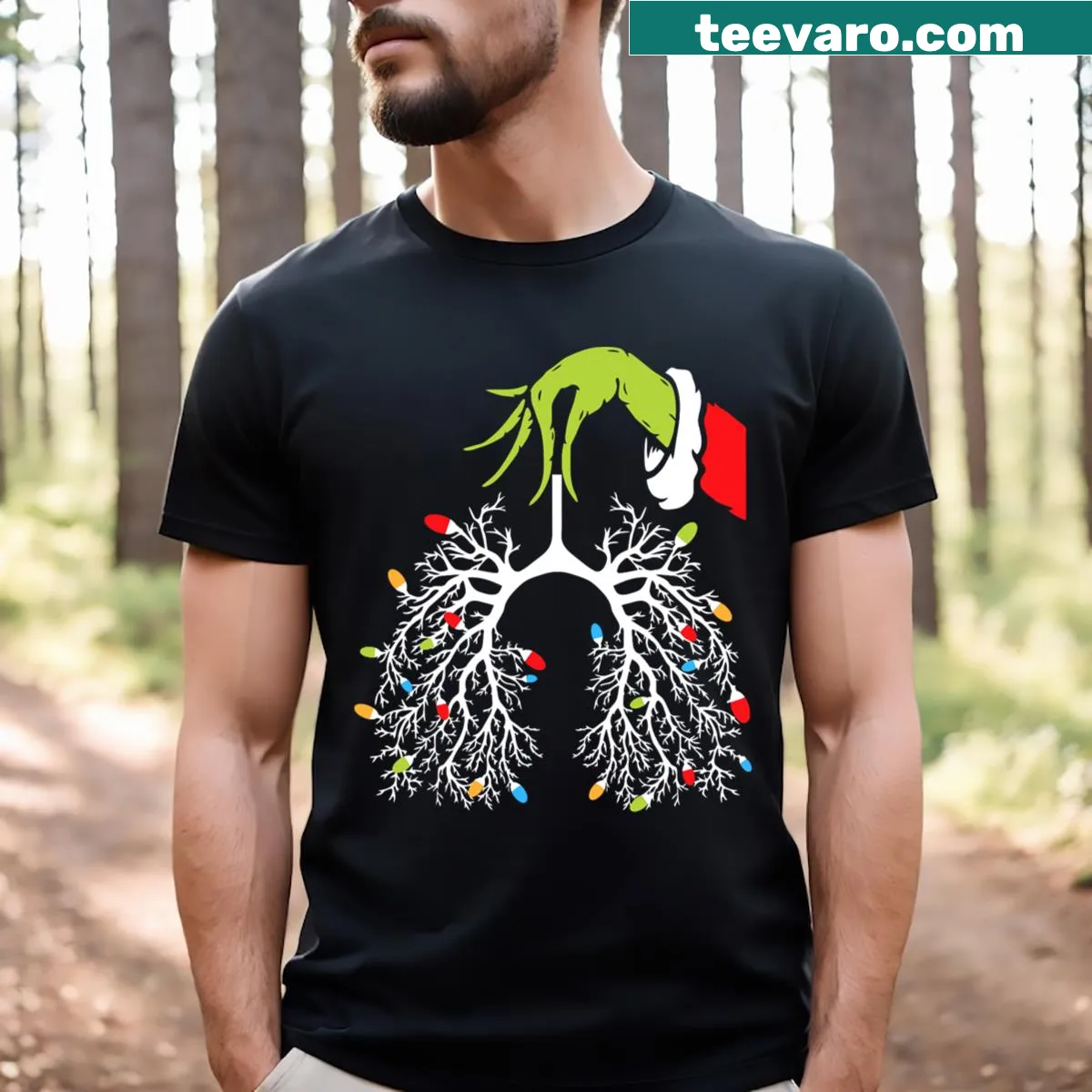 Funny Christmas t-shirt for nurses featuring lung and Xmas lights design — on a men's t-shirt