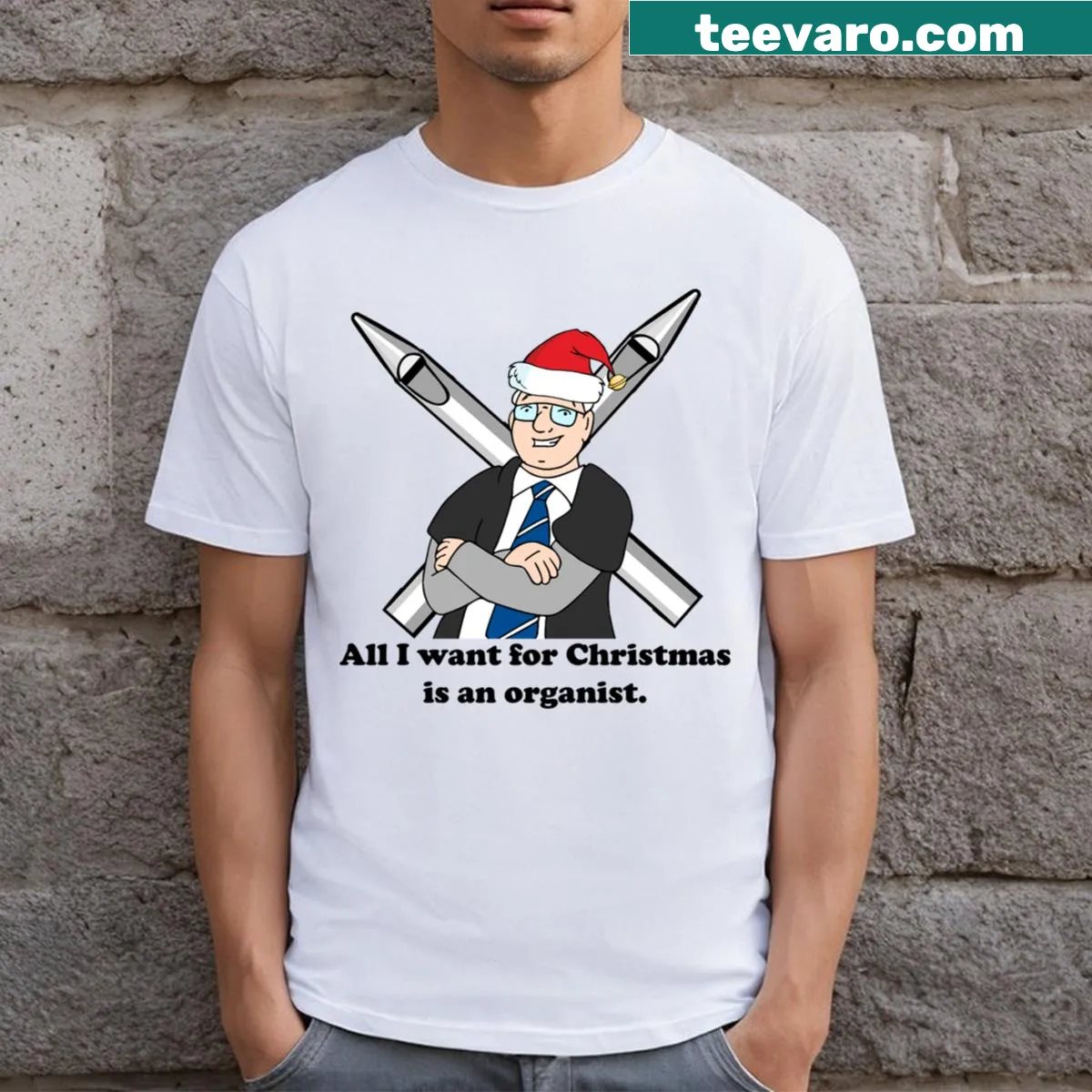T-shirt featuring an organ keyboard and Christmas motifs — on a men's t-shirt