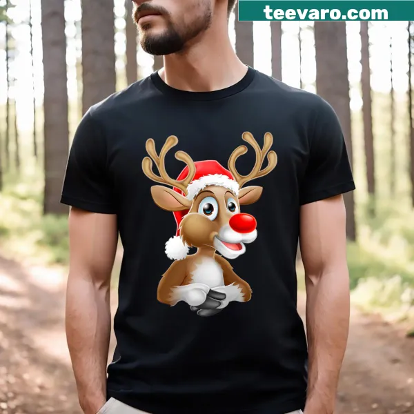 Whimsical Rudolf the Red-Nosed Reindeer graphic on a T-shirt