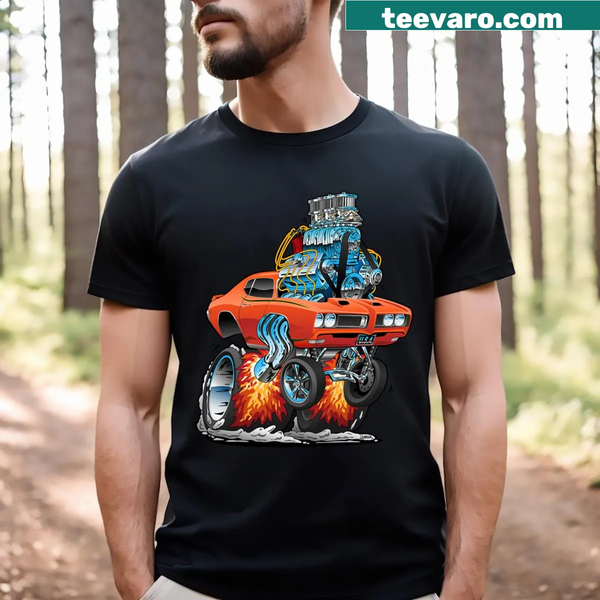 Cartoon-style T-shirt featuring a classic muscle car hotrod — on a men's t-shirt