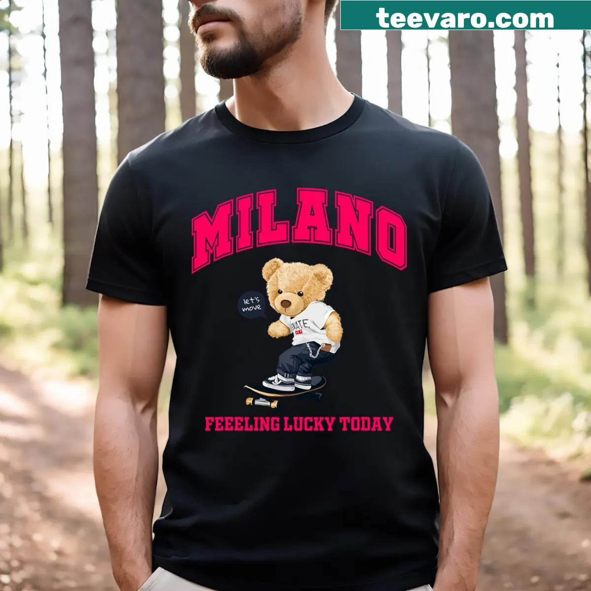 Milano-style teddy bear illustration graphic on t-shirt — on a men's t-shirt