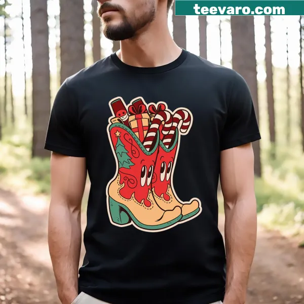 Cartoon cowboy boots with Christmas flair on kids' t-shirt