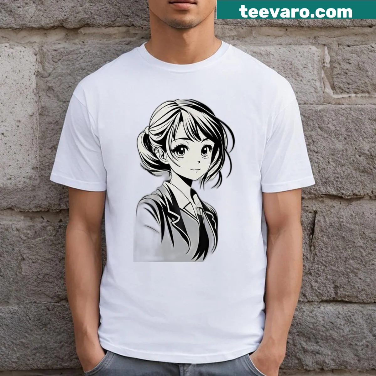 Long t-shirt with cute anime girl illustration — on a men's t-shirt