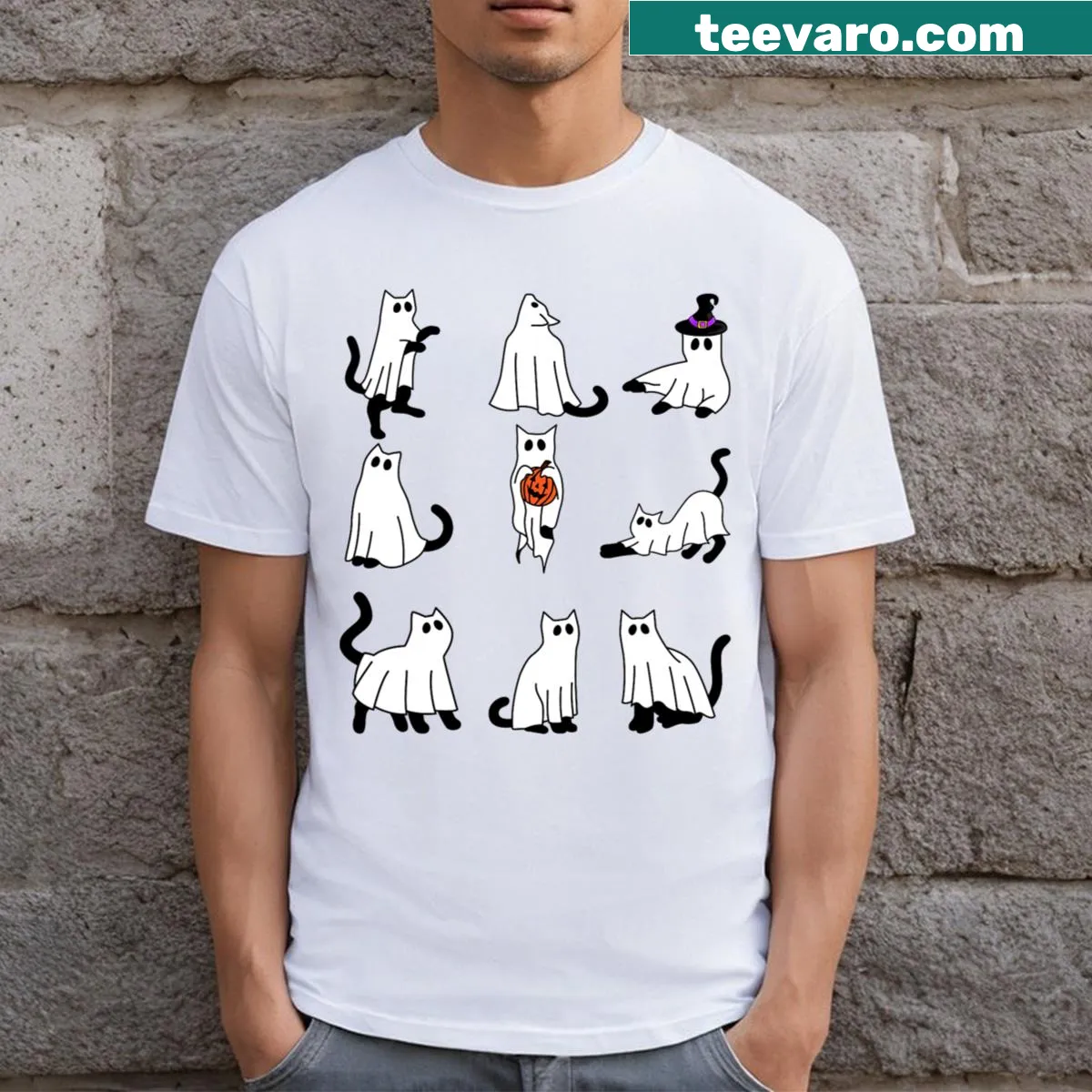 Funny T-shirt featuring a cute ghost cat for Halloween — on a men's t-shirt
