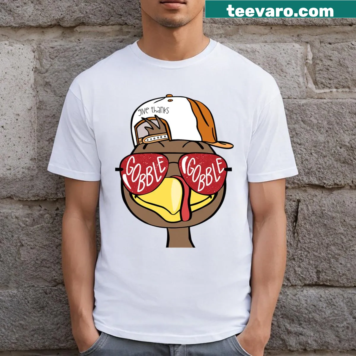 Cartoon turkey with 'Gobble Gobble' text for kids' Thanksgiving t-shirt — on a men's t-shirt