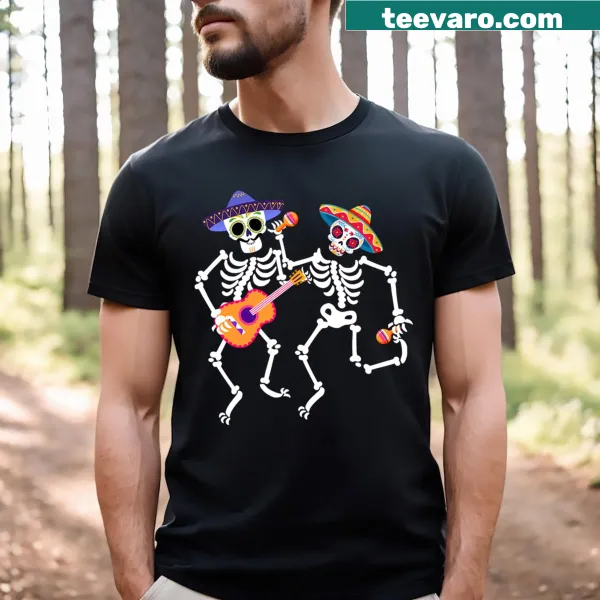 Dancing skeleton with guitar for Dia De Los Muertos t-shirt