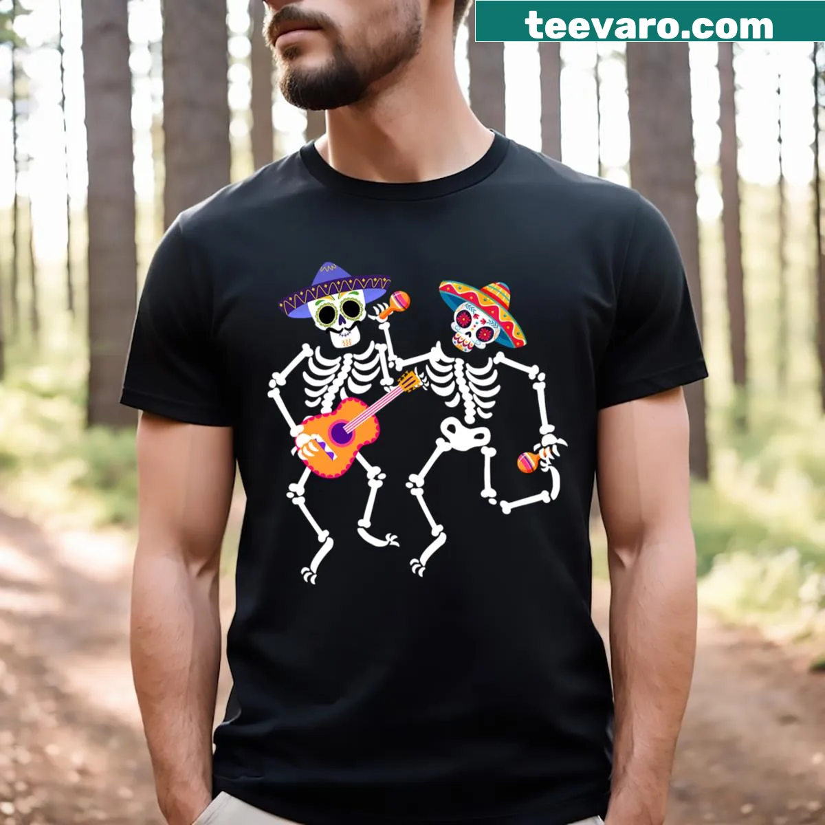 Dancing skeleton with guitar for Dia De Los Muertos t-shirt — on a men's t-shirt
