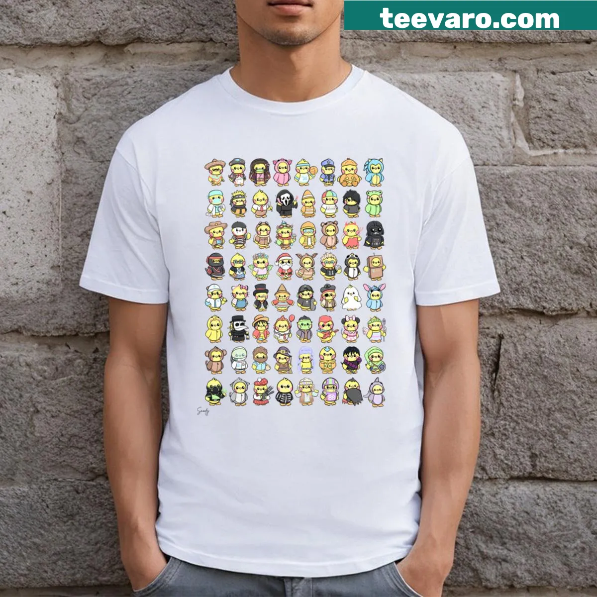Cartoon ducks in various costumes on a T-shirt — on a men's t-shirt